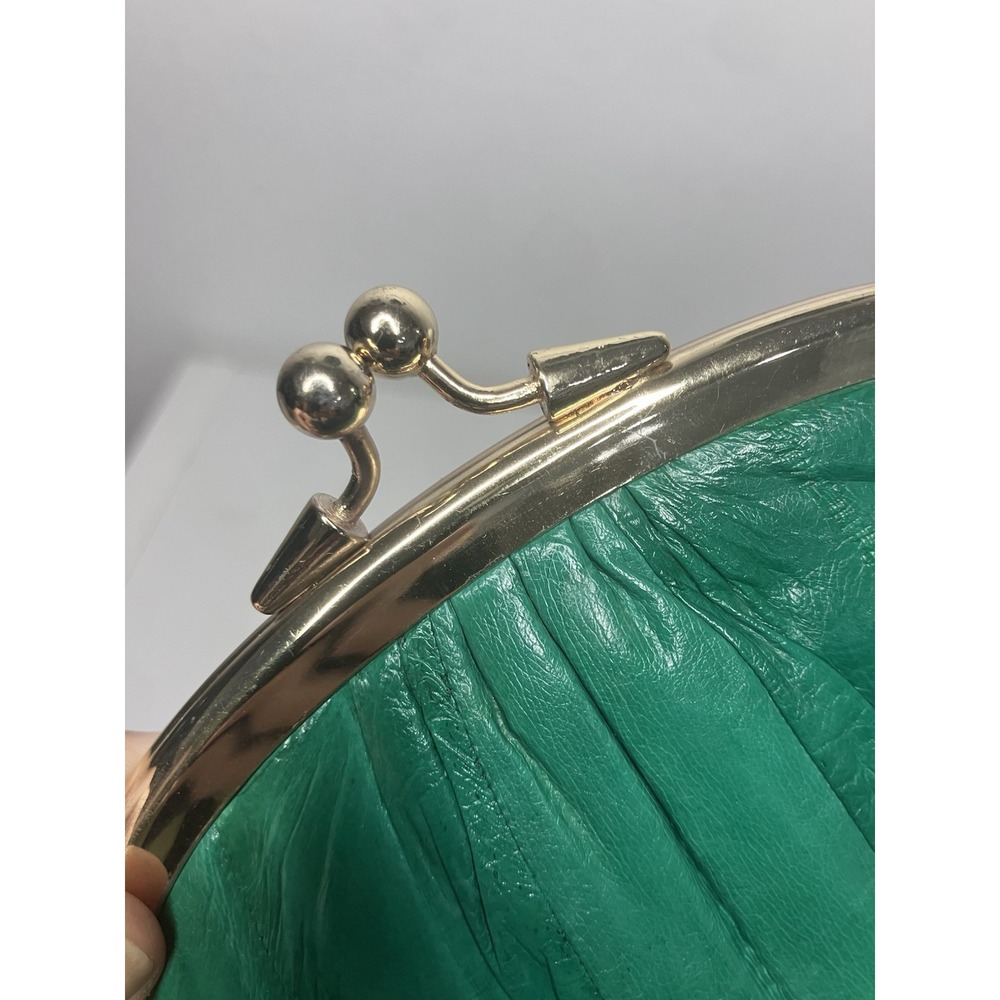 Vintage Rare Green Eel Skin Double Kiss Lock Coin Purse Korea Pleated Gold Frame - Picture 4 of 10